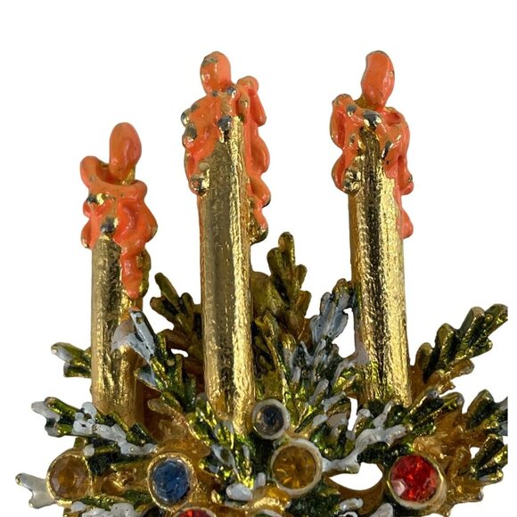 Triple Christmas Candle Brooch Lapel Pin Multicolor Rhinestones w/Greenery - Picture 3 of 12
